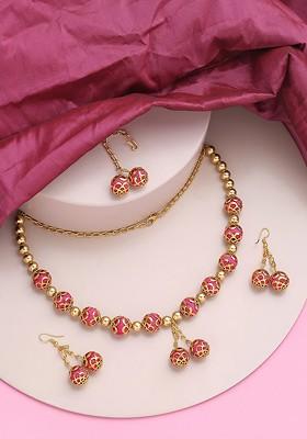 Gold Plated Beads Beaded Necklace With Earrings And Maang Tika
