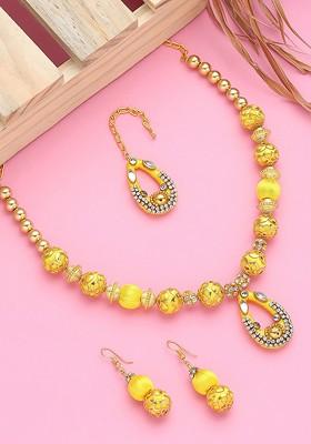 German Silver Stone Studded And Beaded Necklace With Earrings And Maang Tika