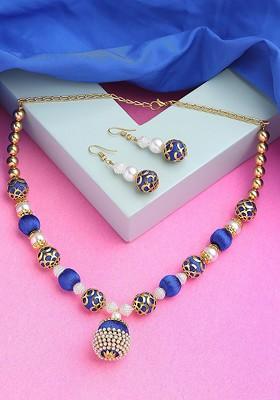 Gold Plated Stone Studded And Beads Beaded Necklace With Earrings