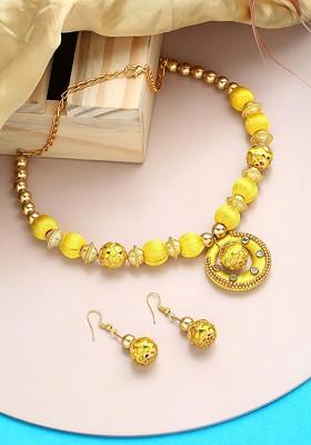 German Silver Stone Studded And Beaded Necklace And Earrings