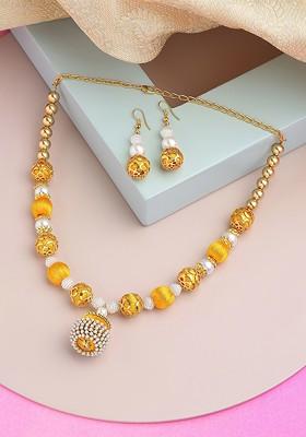 Gold Plated Stones Studded And Beads Beaded Necklace With Earrings