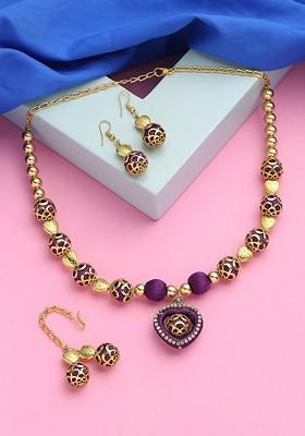 Gold Plated Stone Studded And Beads Beaded Necklace With Earrings And Maang Tika