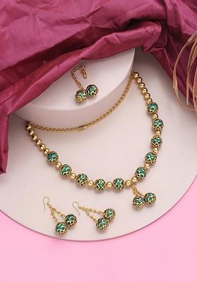 Gold Plated Beads Beaded Necklace With Earrings And Maang Tika