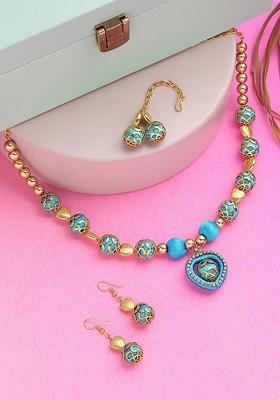 Gold Plated Stone Studded And Pearl Beaded Necklace And Earrings With Maang Tika