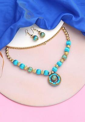 Gold Plated Stone Studded And Beads Beaded Necklace With Earrings