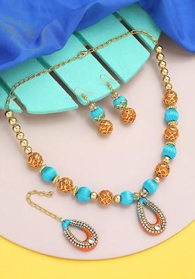 Gold Plated Stone Studded And Beads Beaded Necklace With Earrings And Maang Tika