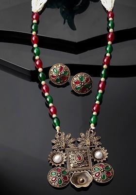 Gold Plated Artificial Stone and Bead Stud Jewellery Set