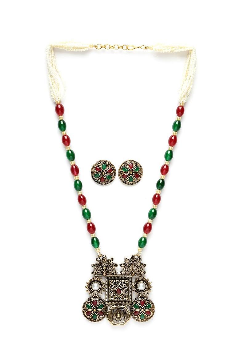 Gold Plated Artificial Stone and Bead Stud Jewellery Set