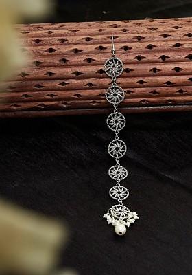 Silver Plated German Silver Layered Chakra Floral Shaped Beaded Maangtikka