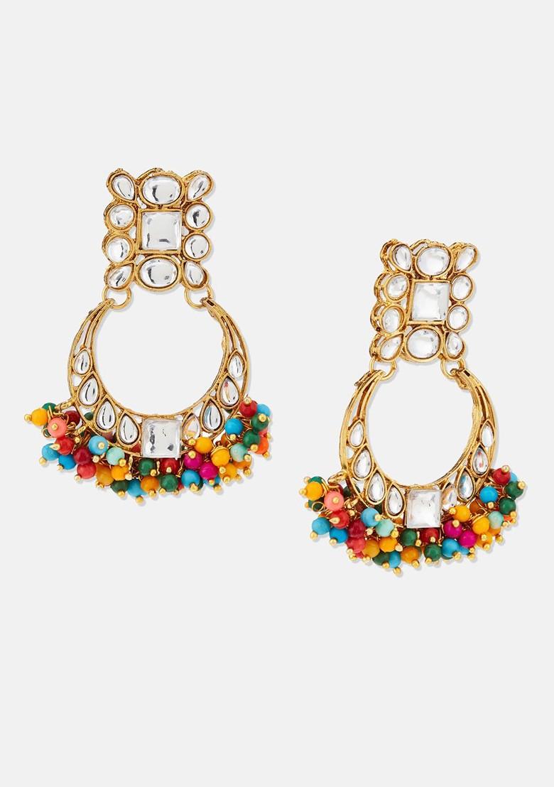 Gold Plated And Floral Shaped Kundan Studded And Beaded Chandbalis