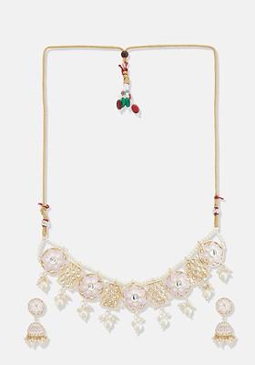 Gold Plated Kundan Studded And Beaded Necklace and Earrings With Maang Tikka