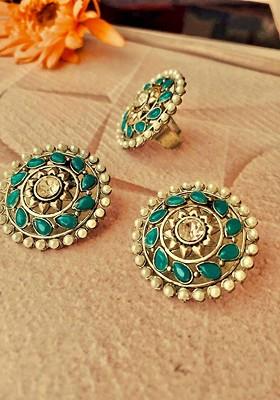 German Silver Plated Stone Studded Floral Shaped Ring And Earrings