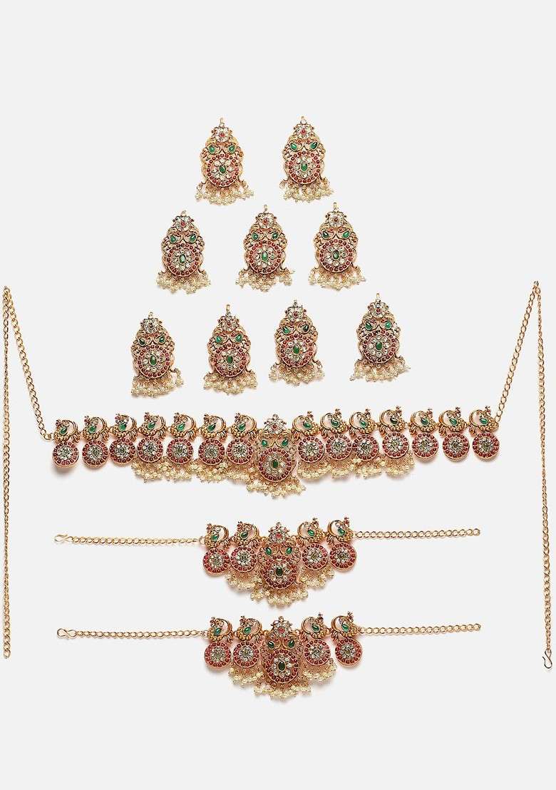 Gold plated Kundan studded Peacock Shaped Layered Jewellery Set - Indya