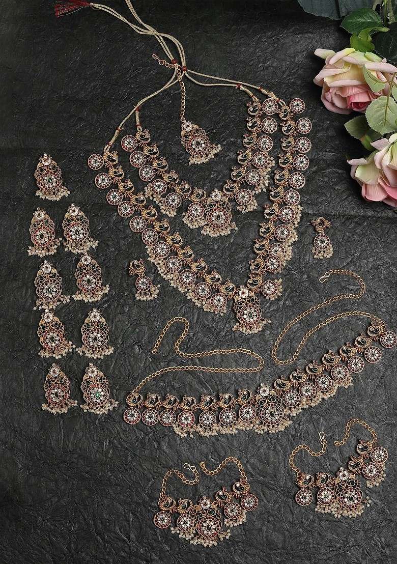 Gold plated Kundan studded Peacock Shaped Layered Jewellery Set - Indya
