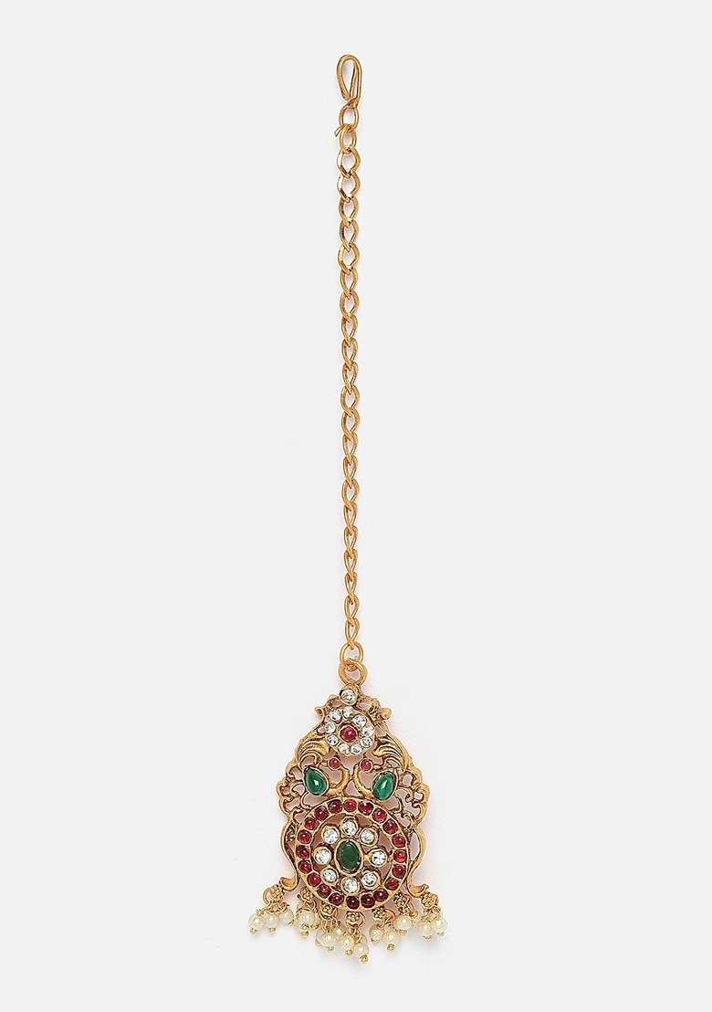 Gold plated Kundan studded Peacock Shaped Layered Jewellery Set - Indya