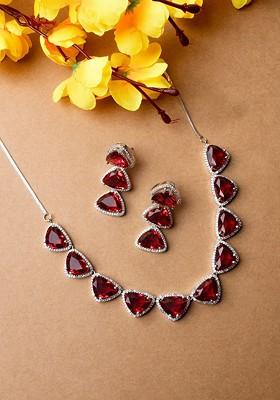 Silver Plated Cz Studded Designer Necklace And Earrings