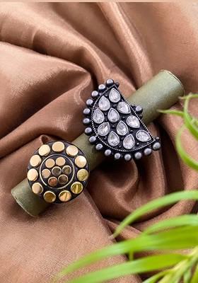 Set Of 2 Gold And Silver Plated Stone Studded Adjustable Finger Rings