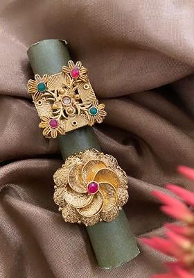 Set Of 2 Gold Plated Stone Studded Adjustable Finger Rings