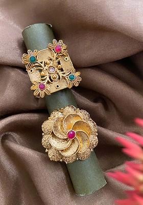 Set Of 2 Gold Plated Stone Studded Floral Shaped Finger Ring