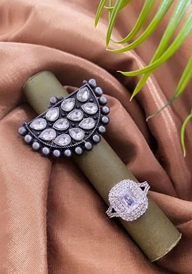 Set Of 2 Silver Plated Stone Studded Adjustable Finger Rings