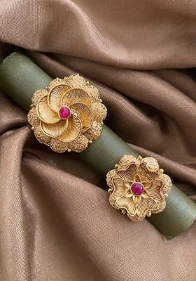 Set Of 2 Gold Plated Cubic Zirconia Studded Floral Shaped Finger Rings