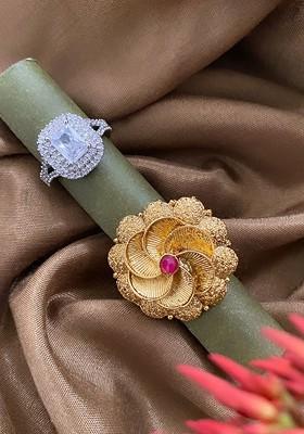 Set Of 2 Gold Silver Plated And Cubic Zirconia Studded Finger Rings