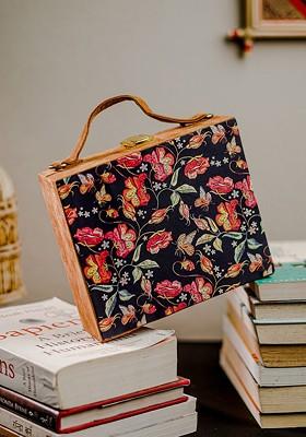 Black And Red Floral Printed Box Clutch