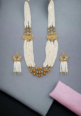 Gold-plated Kundan-studded And Beaded Necklace And Earrings Set
