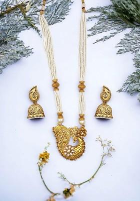 Gold-plated Kundan-studded And Beaded Necklace And Earrings Set