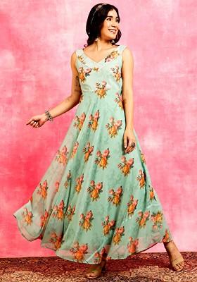 Sea Green Floral Printed Sleeveless Sequined Georgette Maxi Dress