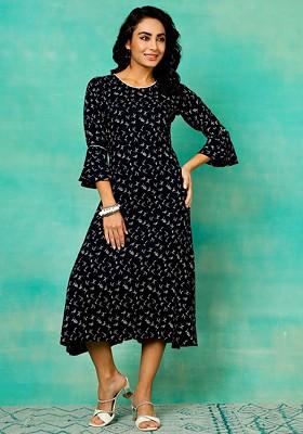 Navy Blue Floral Round Neck Bell Sleeves Printed A-Line Midi Dress