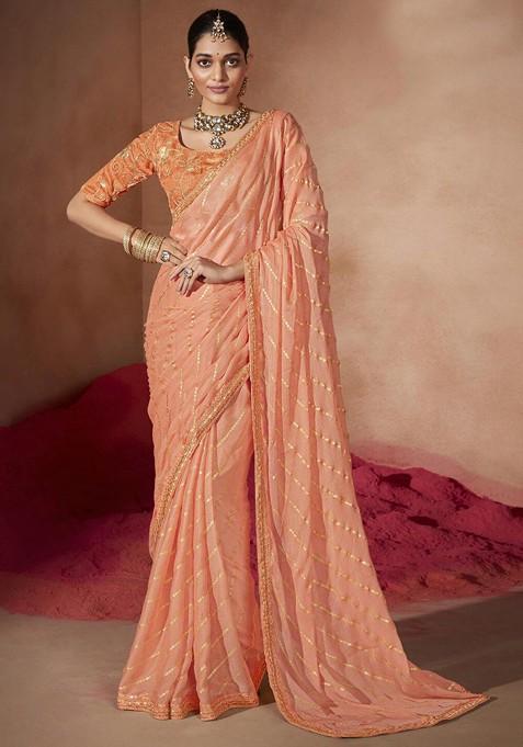 Peach-Coloured And Gold-Toned Embellished Sequinned Pure Chiffon Bandhani Saree