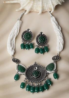 Silver Plated Stone And Peral Oxidised Jewellery Set
