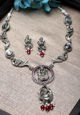 Silver Plated Stud And Bead Oxidised Necklace And Earrings