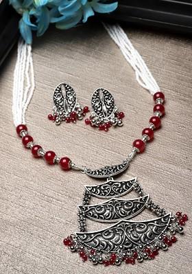 Silver Plated Artificial Oxidised Stone And Bead Necklace And Earrings