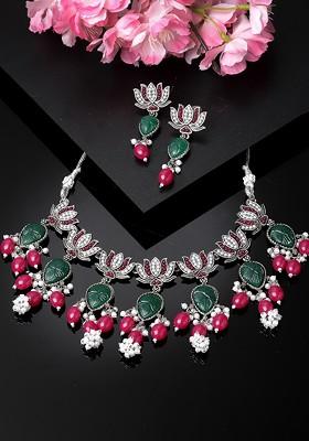 Silver Plated Floral Shaped Oxidised Necklace And Earrings