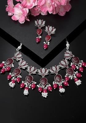 Silver Plated Floral Shaped Oxidised Necklace And Earrings