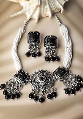 Silver Plated Stud And Bead Oxidised Jewellery Set