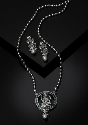 Silver Plated Stone Oxidised Temple Jewellery Set