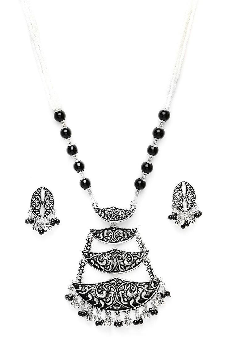 Silver Plated Oxidised Necklace And Earrings
