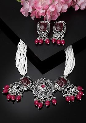 Silver Plated Stud And Bead Oxidised Jewellery Set