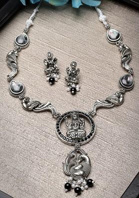 Silver Plated Stone And Pearl Peacock Shape Oxidised Temple Jewellery Set