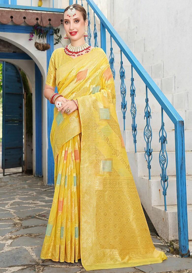 Buy Women Yellow And Pink Ethnic Motifs Woven Design Zari