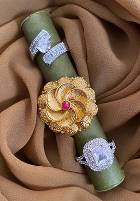 Set Of 3 Gold And Sliver Plated CZ Stone Studded Finger Rings