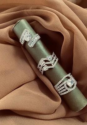 Set Of 3 Silver Plated CZ Stone Studded Layered Adjustable Finger Rings