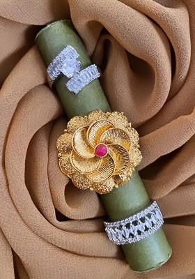 Set of 3 Gold And Silver Plated Floral CZ Stone Studded Adjustable Finger Rings