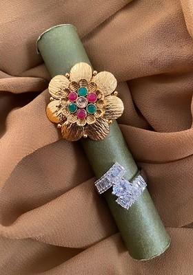 Set Of 2 Gold Plated And Silver Plated Cubic Zirconia Studded Finger Rings