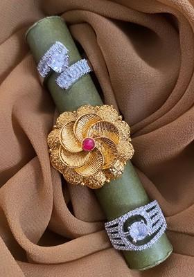 Set Of 2 Gold And Silver Plated Cubic Zirconia Studded Square Shaped Finger Rings