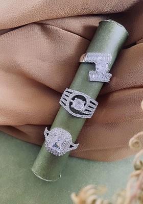 Set Of 3 Silver Plated CZ Studded Layered Finger Rings