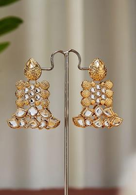 Gold Plated And Kundan Stone Studded Contemporary Drop Earrings